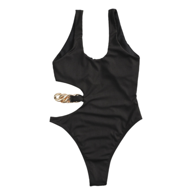 Black Hollow Out Cuban Link Spaghetti Strap One Piece