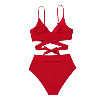 Solid Color V-Cut Bandage Strap High Waist V-Style Bikini