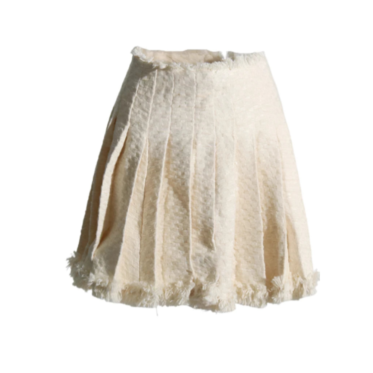 Beige Tweed Reverse Patchwork Pleated Mini Skirt