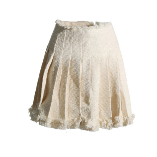 Beige Tweed Reverse Patchwork Pleated Mini Skirt