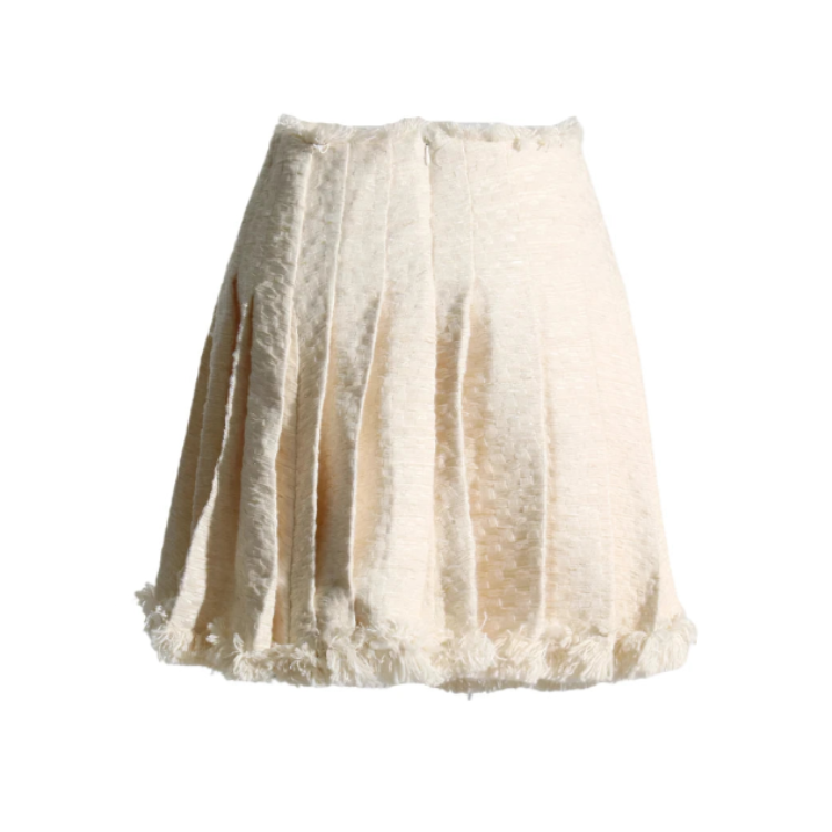 Beige Tweed Reverse Patchwork Pleated Mini Skirt