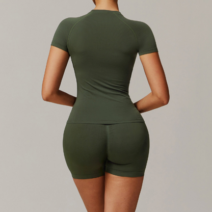 Solid Color Stretchy Patchwork Short Sleeve And Ruched Booty High Waisted Biker Shorts Set