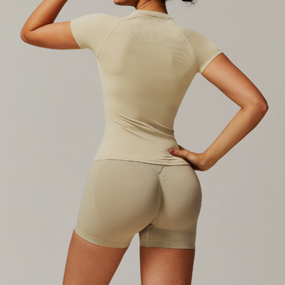 Solid Color Stretchy Patchwork Short Sleeve And Ruched Booty High Waisted Biker Shorts Set