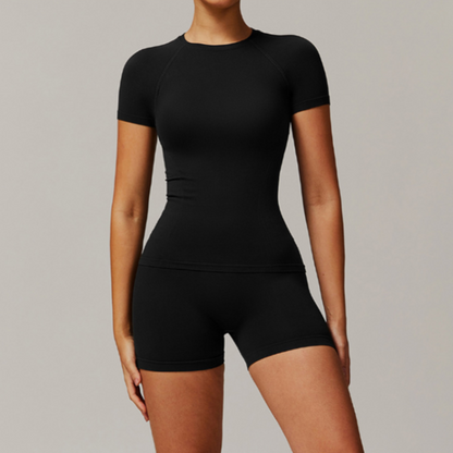 Solid Color Stretchy Patchwork Short Sleeve And Ruched Booty High Waisted Biker Shorts Set