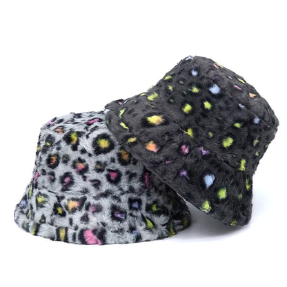 Solid Color Leopard Print Fur Bucket Hat