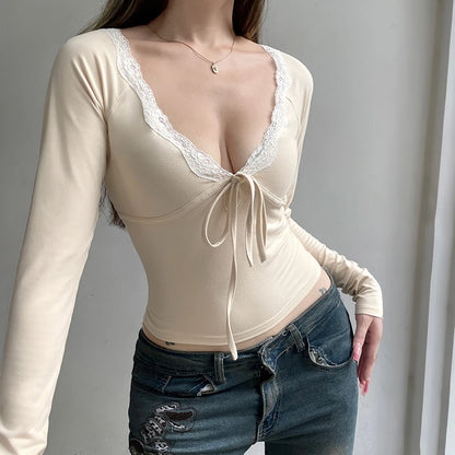 Beige V-Cut Lace Trim Bow Long Sleeve