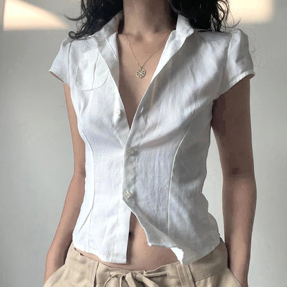 White Front Pocket Button Up Puff Short Sleeve