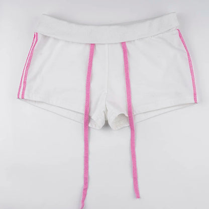 White Pink Lining Crop Hooded Jacket And Mini Shorts Set