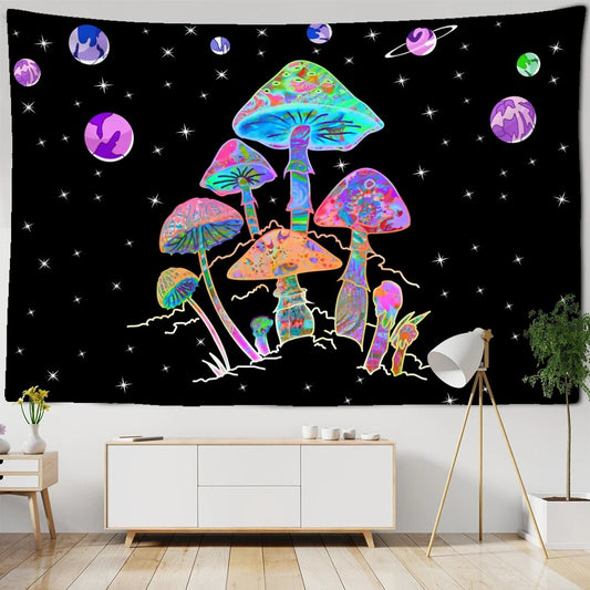 Neon Mushroom And Planets Tapestry