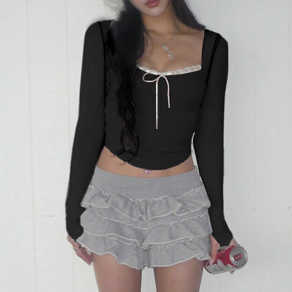 Solid Color Ribbed Lace V-Cut Bow Crop Long Sleeve