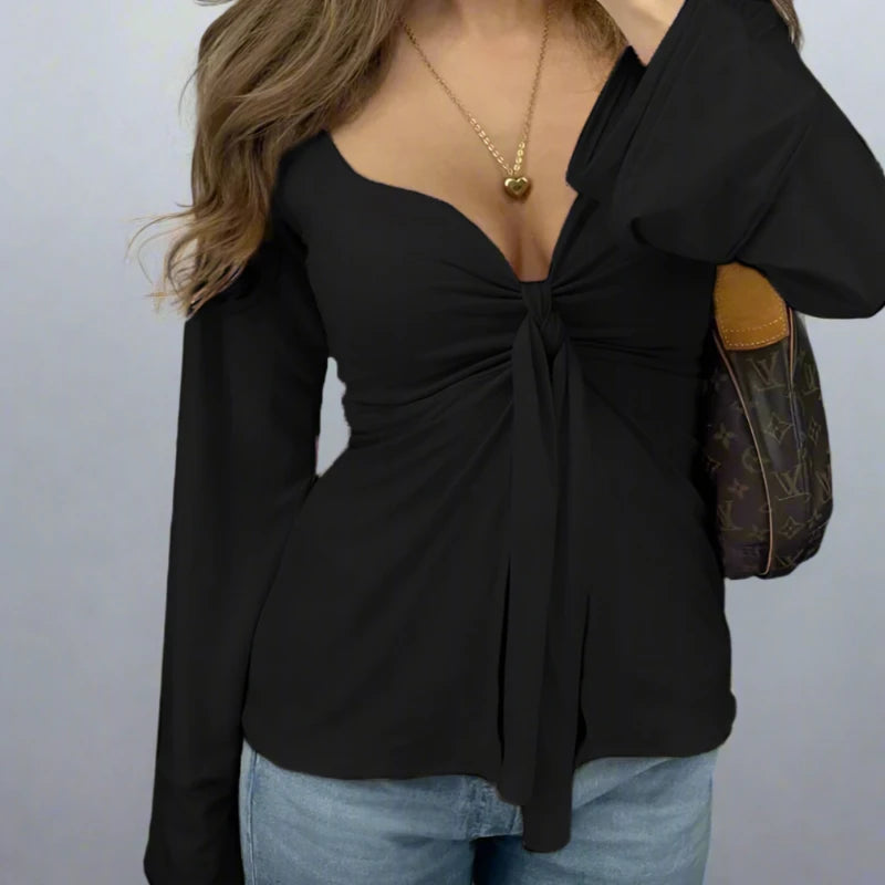 Solid Color V-Cut Bow Long Sleeve