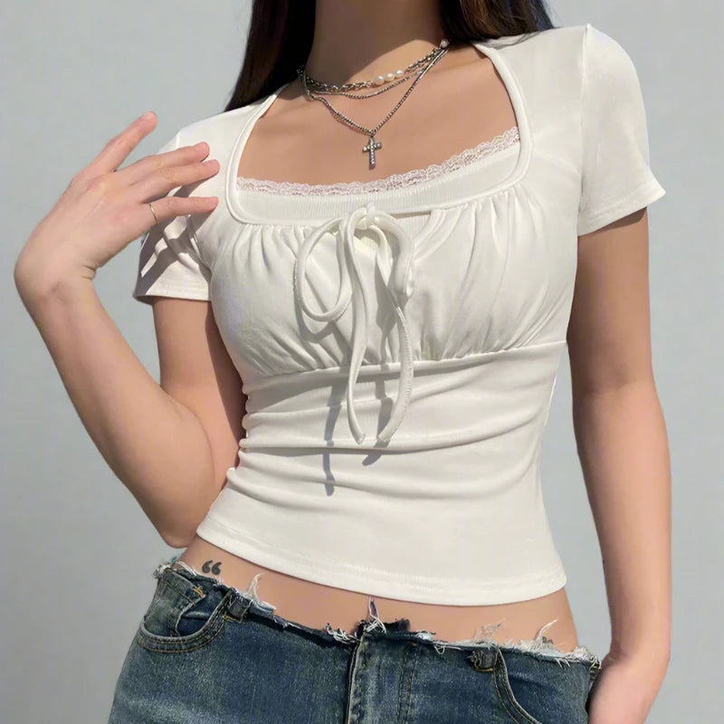 White Fake Lace Trim Under Shirt And Ruched Drawstring Short Sleeve