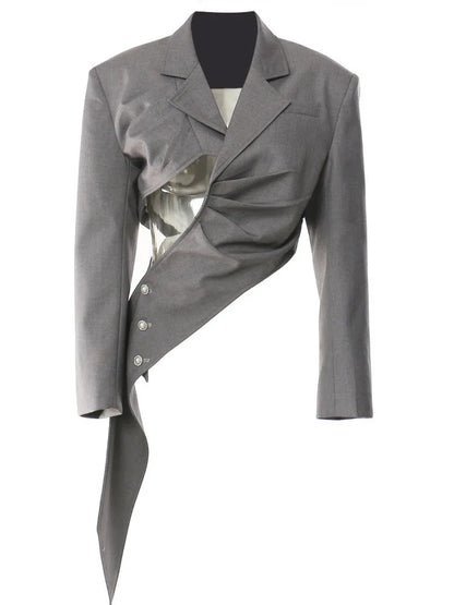 Gray Ruched Asymmetric Crop Blazer