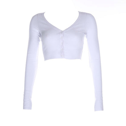 Neutral Ribbed V-Cut Button Up Crop Long Sleeve