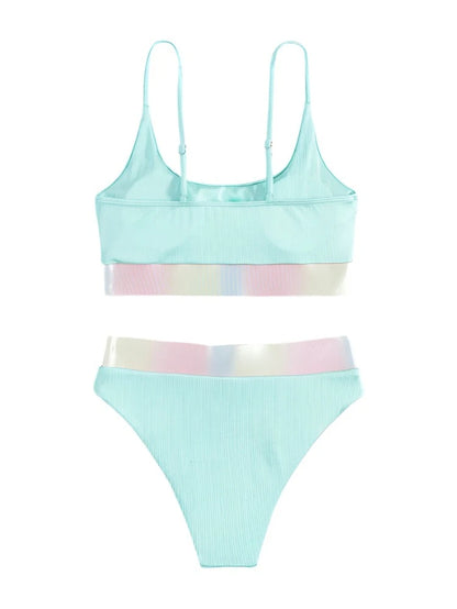 Solid Color Pastel Metallic Strap Spaghetti Strap High Waist Bikini