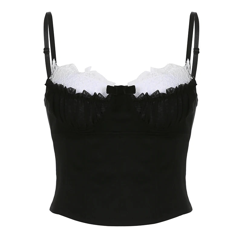 Black Corset White Trim Ruched Bra Spaghetti Strap Top