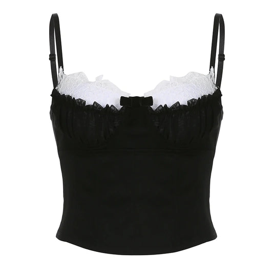 Black Corset White Trim Ruched Bra Spaghetti Strap Top