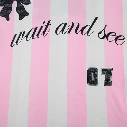 Pink And White Stripe Look Wait And See Black Lace Bow Long Sleeve T-Shirt