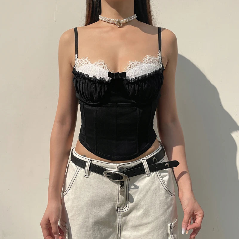 Black Corset White Trim Ruched Bra Spaghetti Strap Top