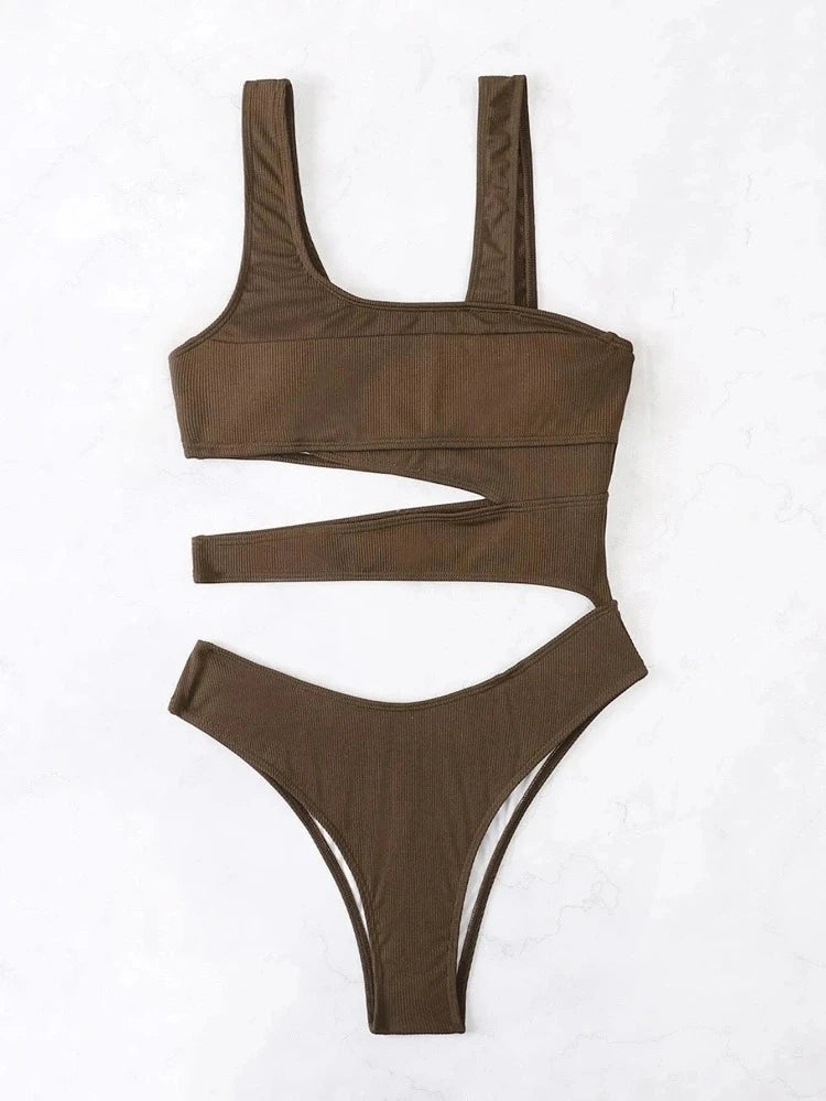 Brown Ribbed Hollow Out Spaghetti Strap One Piece