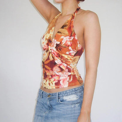 Orange Floral Print Twist V-Cut Halter Top