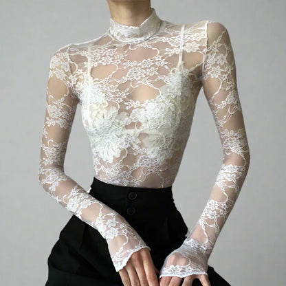 White Lace Turtleneck Lettuce Trim Crop Long Sleeve