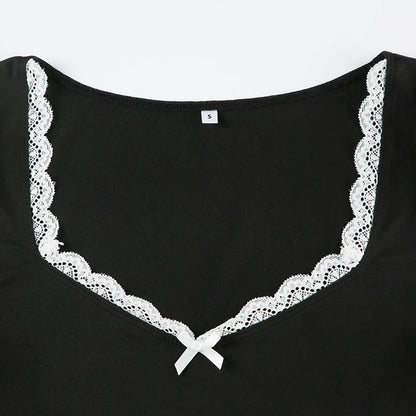 Black Bow V-Cut Lace Trim Long Sleeve