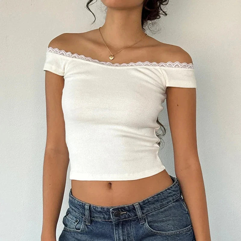 White Knit Ribbed Lace Trim Off Shoulder Short Sleeve