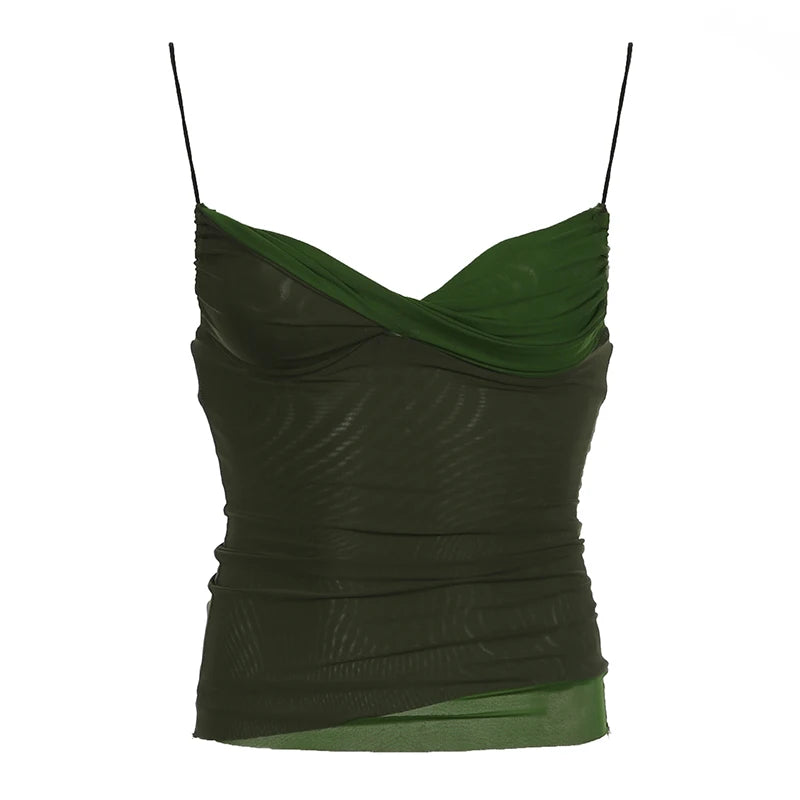 Two Toned Green Twist V-Cut Spaghetti Strap Top