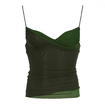 Two Toned Green Twist V-Cut Spaghetti Strap Top