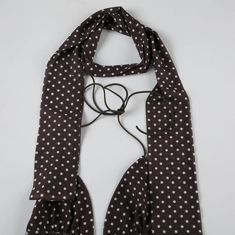 Brown Polk-A-Dot Scarf And V-Cut Halter Top