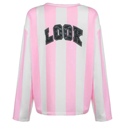 Pink And White Stripe Look Wait And See Black Lace Bow Long Sleeve T-Shirt