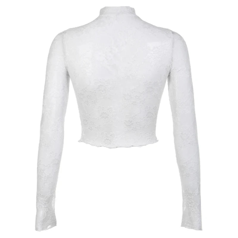 White Lace Turtleneck Lettuce Trim Crop Long Sleeve