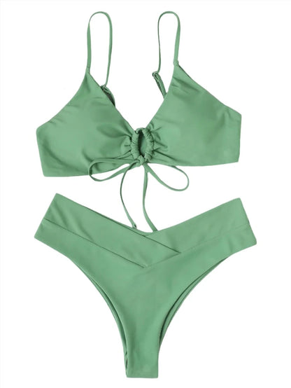 Solid Color Drawstring Spaghetti Strap V-Style Bikini