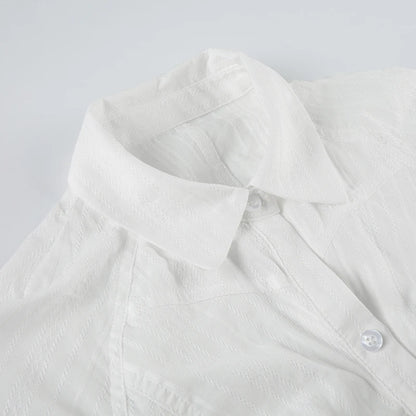 White Ribbed Button Up Buckle Short Sleeve