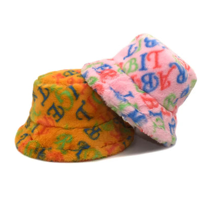 Solid Color Letter Print Fur Bucket Hat