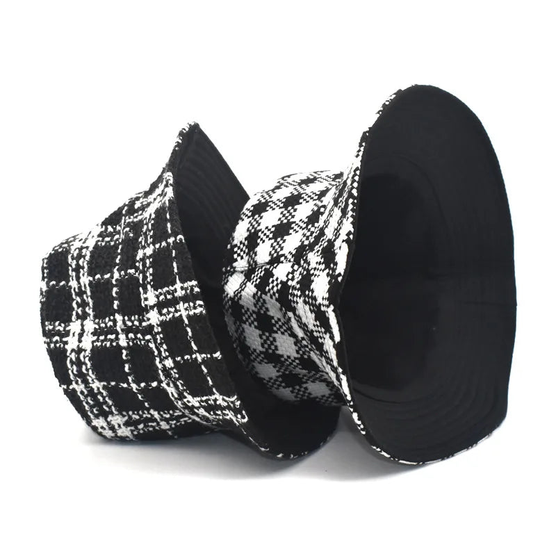 Neutral Plaid Tweed Reversible Bucket Hat