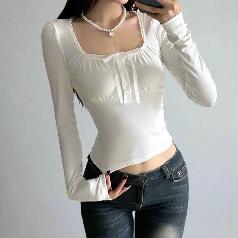 Solid Color Lace Trim Bow Quarter Button Up Long Sleeve