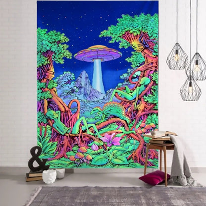 Neon Mushroom Village Outer Space Tapestry