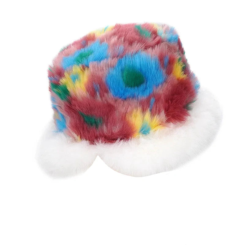 Floral Print White Trim Fur Bucket Hat