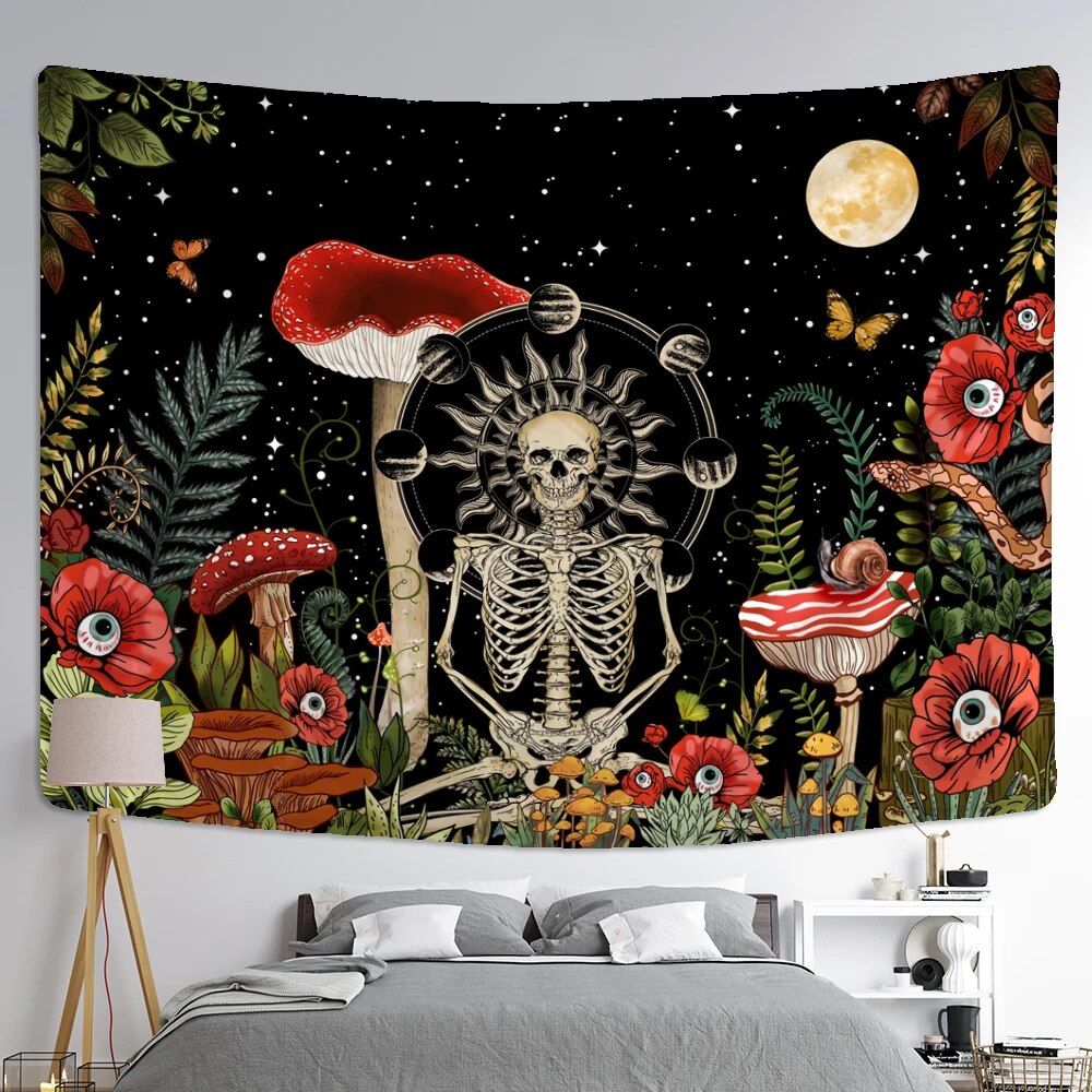 Skeleton In Mushroom Field Tapestry