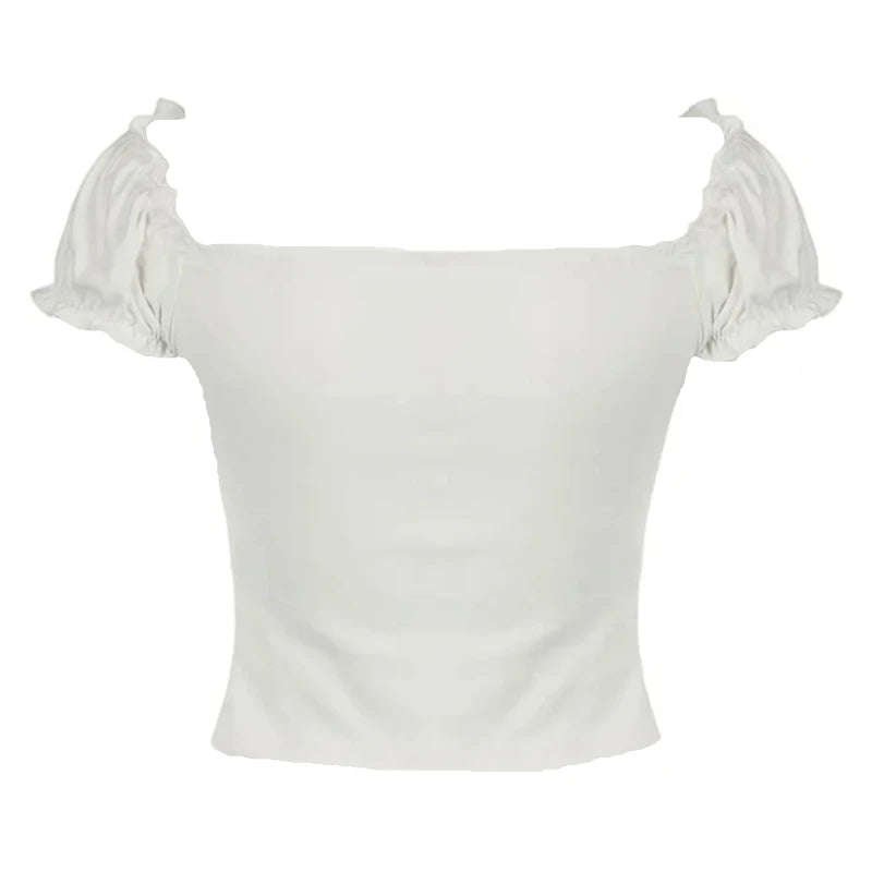 White Ruched Quarter Button Up Lace Bow Ruffle Trim Short Sleeve