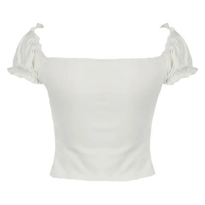 White Ruched Quarter Button Up Lace Bow Ruffle Trim Short Sleeve