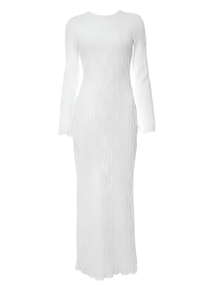 White Swirl Ribbed Long Sleeve Maxi Dress