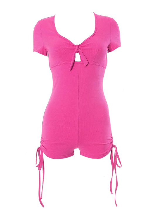 Pink Ribbed V-Cut Hollow Out Backless Ruched Booty Side Drawstring Short Sleeve Romper