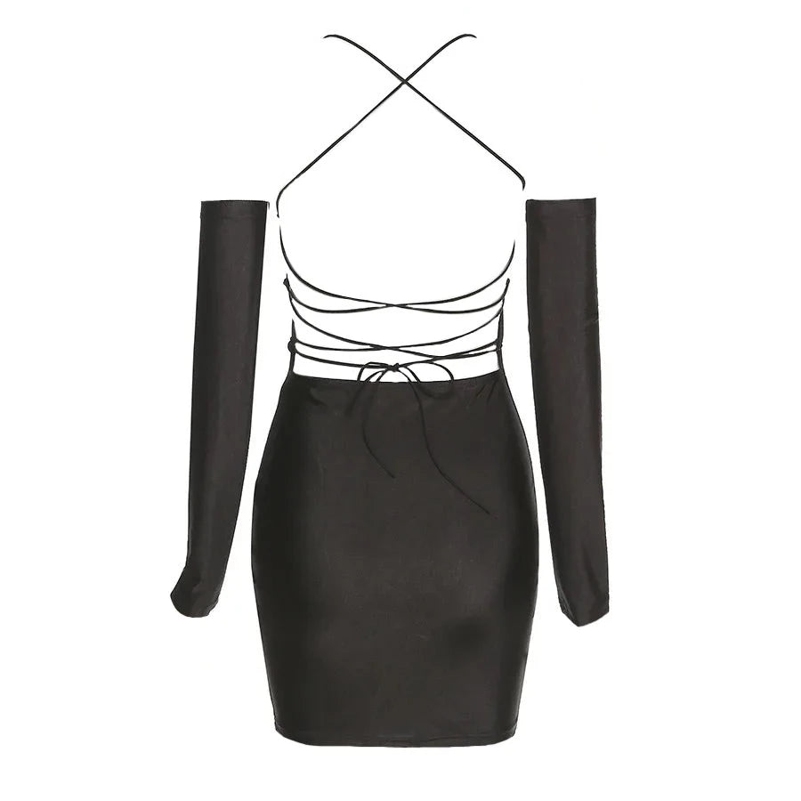 Black Gloves + Backless Back Tie Halter Mini Dress