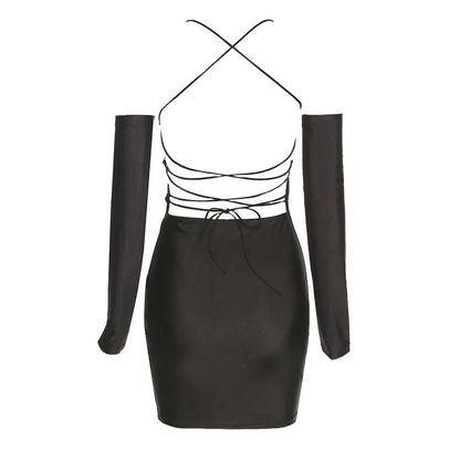 Black Gloves + Backless Back Tie Halter Mini Dress