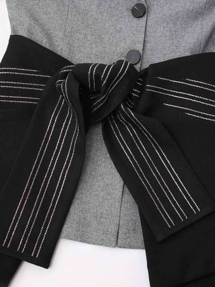 Gray Fake Black Rhinestone Studded Stripe Jacket Blazer