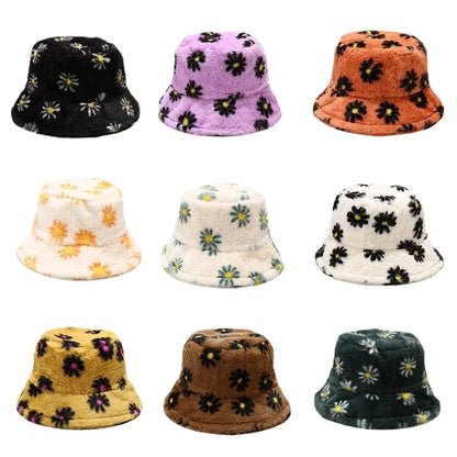 Solid Color Sunflower Print Fur Bucket Hat