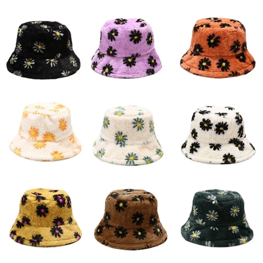 Solid Color Sunflower Print Fur Bucket Hat